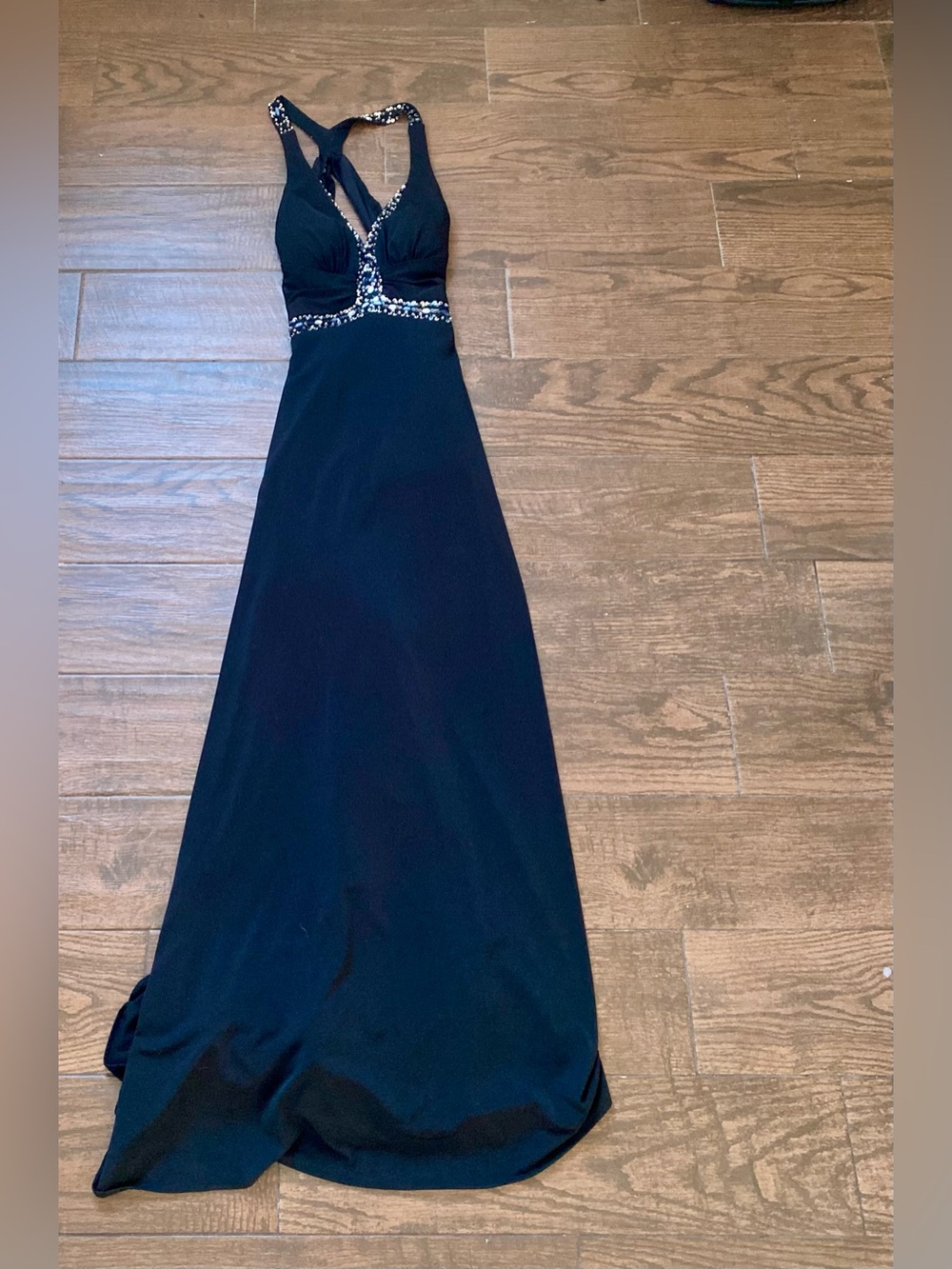 Betsy & Adam Black Maxi Dress with Sequin-Trim V-Straps